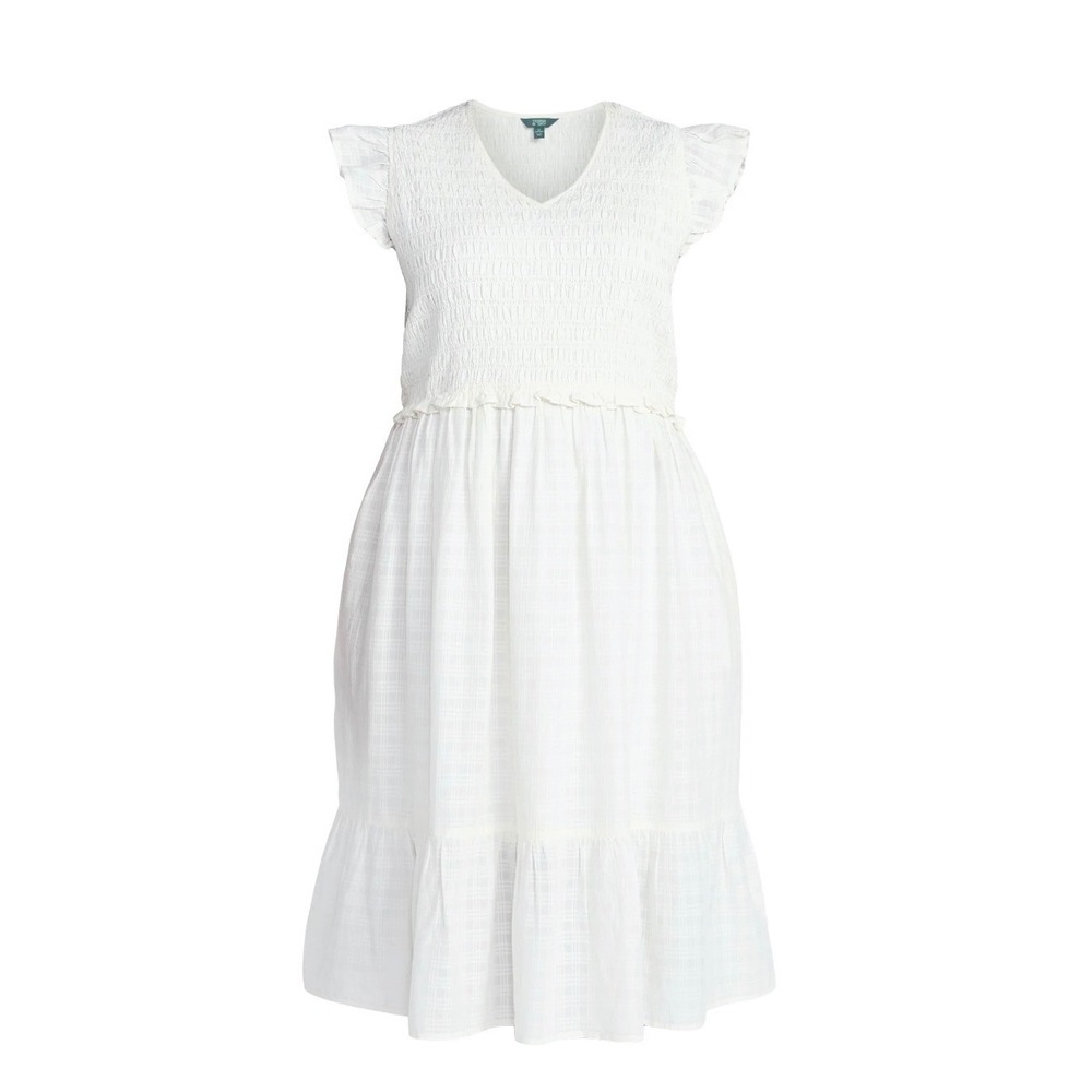 Terra & Sky Midi Dress Cottagecore White Smocked Flutter Sleeve Tiered 2X